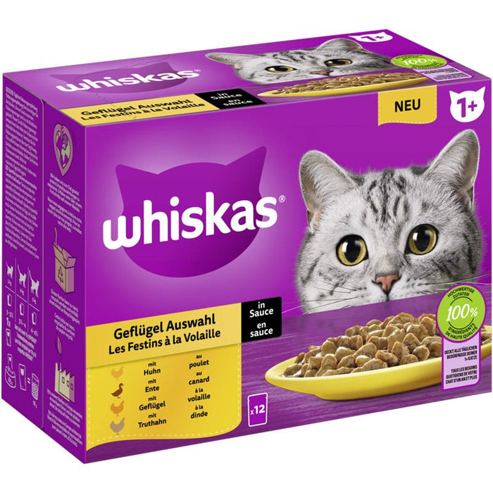 Whiskas 1+ Geflügel Auswahl Sauce 12x85g 4er Pack