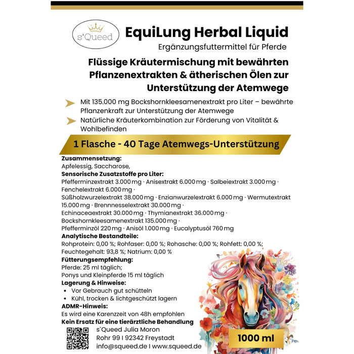 EquiLung Herbal Liquid 1000ml – flüssiges Ergänzungsfuttermittel zur Unterstützung der Atemwege bei Pferden