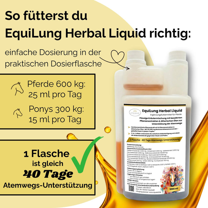Vorteilspaket 3 × EquiLung Herbal Liquid – Flüssiges Ergänzungsfuttermittel für Pferde bei beanspruchten Atemwegen