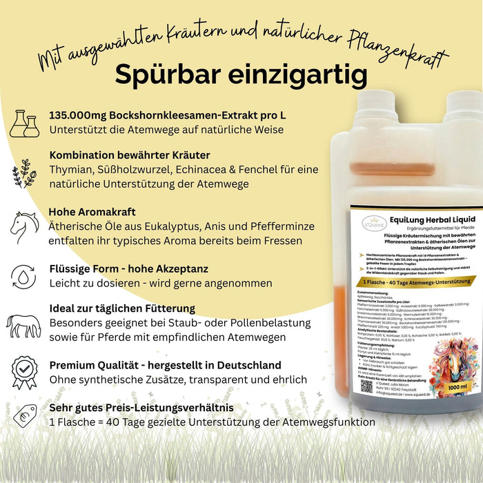 EquiLung Herbal Liquid 1000ml – flüssiges Ergänzungsfuttermittel zur Unterstützung der Atemwege bei Pferden