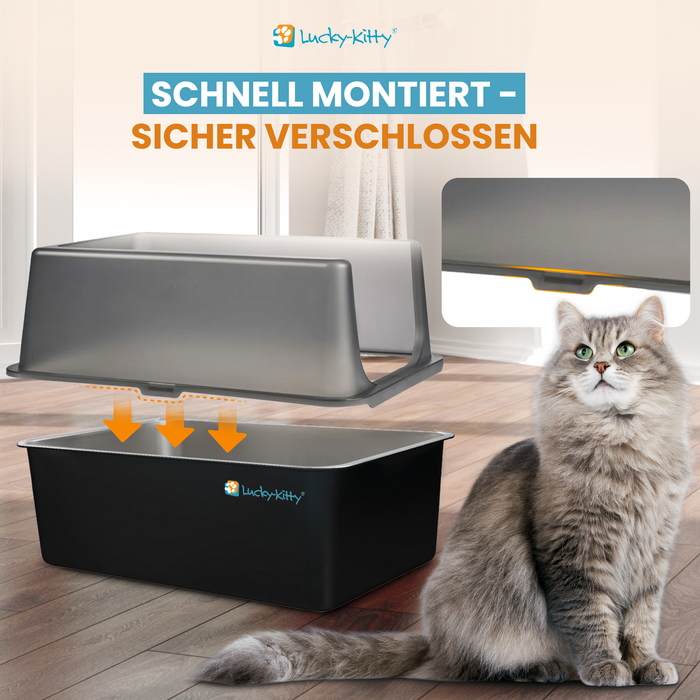 Katzentoilette XXL (Edelstahl Schwarz) + Haube (Schwarz transparent)