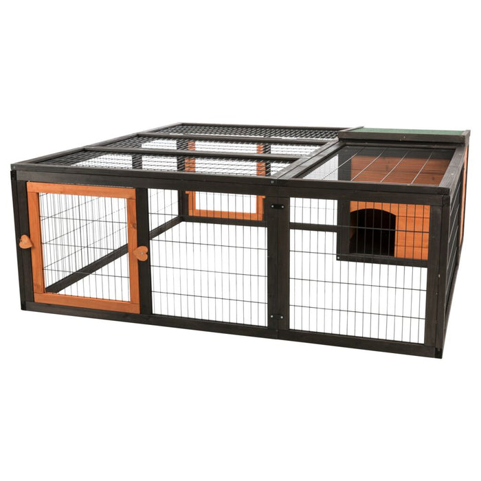 natura Freilaufgehege mit Abdeckung, Holz, schwarz/braun