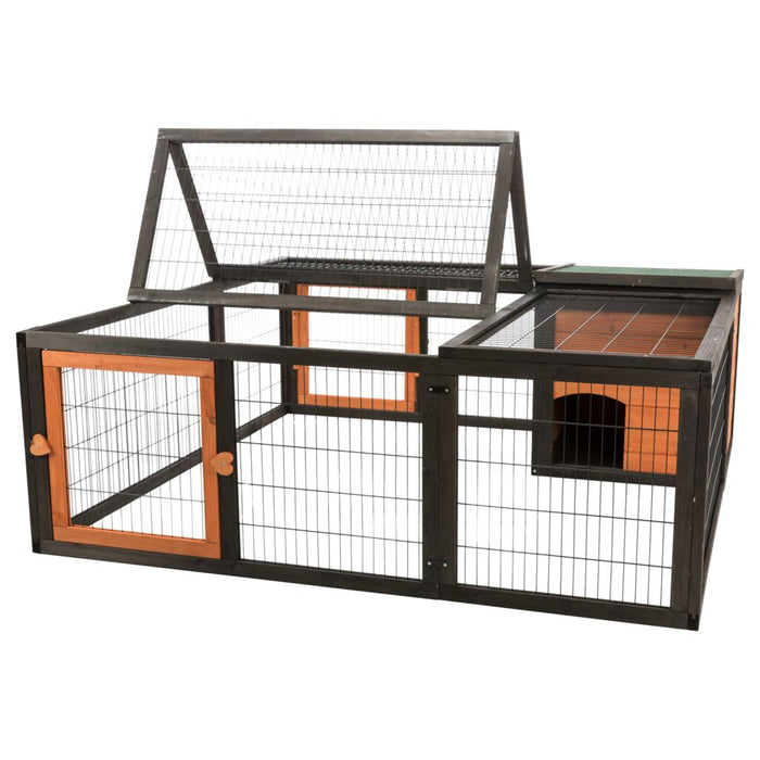 natura Freilaufgehege mit Abdeckung, Holz, schwarz/braun