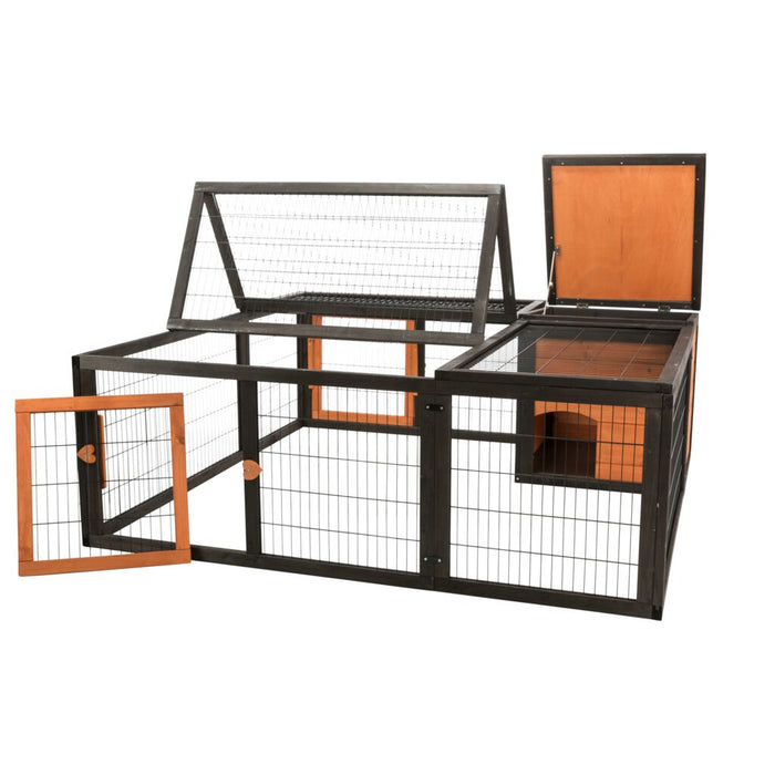 natura Freilaufgehege mit Abdeckung, Holz, schwarz/braun