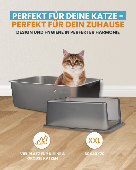 Katzentoilette XXL (Edelstahl Natur) + Haube (Schwarz transparent)