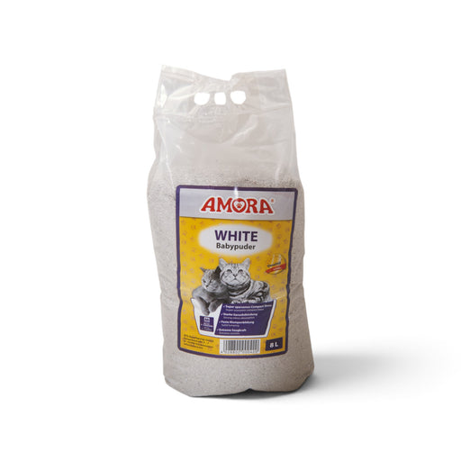 muunchy.de AMORA White Compact Katzenstreu mit Babypuder Duft in 8L Verpackung aus Bentonit