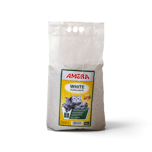 muunchy.de AMORA White Compact Katzenstreu mit Kiefernduft in 15L Packung für starke Saugkraft und Geruchsbindung