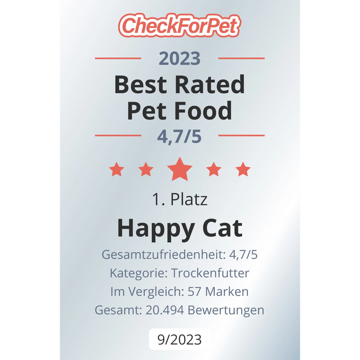 muunchy.de Auszeichnung für Happy Cat Sensitive Magen & Darm als bestbewertetes Trockenfutter 2023 mit 4,7 von 5 Sternen