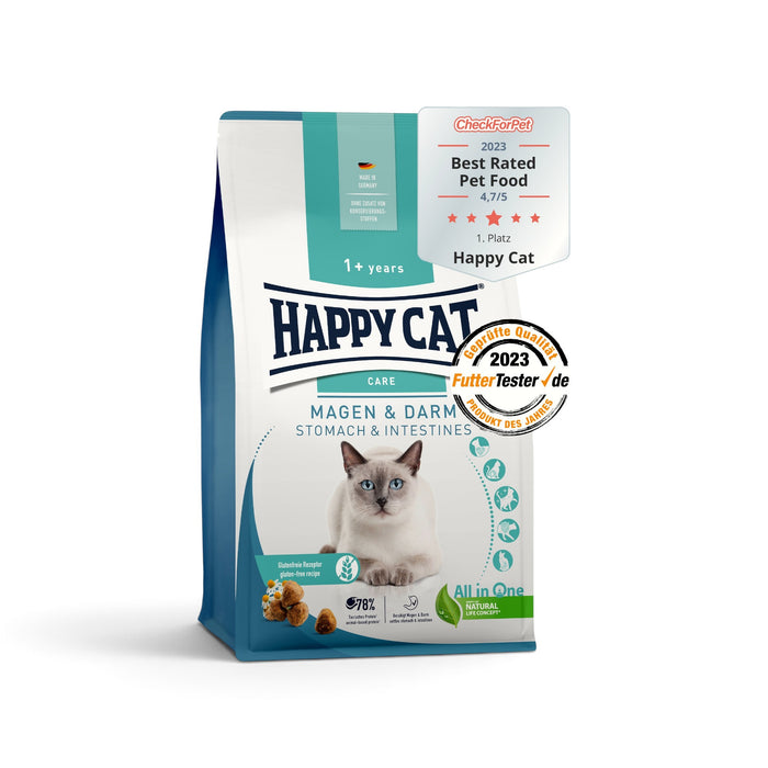 muunchy.de Happy Cat Sensitive Magen & Darm Trockenfutter für Katzen mit empfindlicher Verdauung in blauer Packung