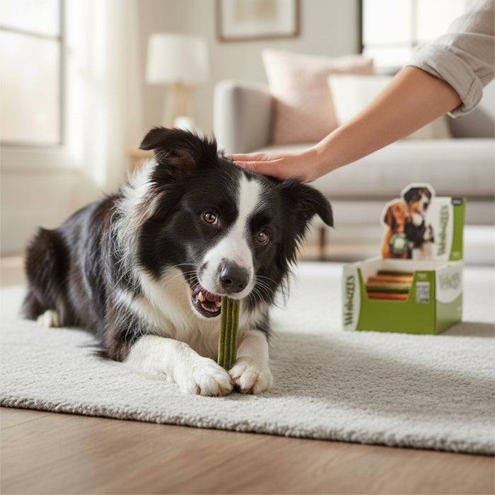 muunchy.de Border Collie kaut auf einem grünen Whimzees Stix L Kausnack zur Zahnpflege auf einem Wohnzimmerteppich